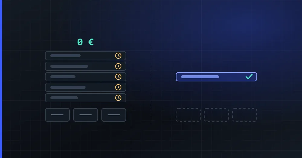 On one side, a server with three service boxes underneath a stack of developer-app cards each waiting on a review clock; on the other, a single API box wired straight to the network chips