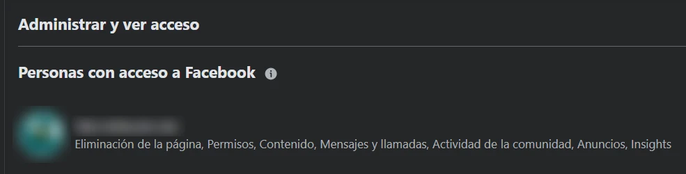Acceso a la página de Facebook: en Personas con acceso a Facebook, una persona con la lista de lo que puede hacer, de Eliminación de la página a Insights