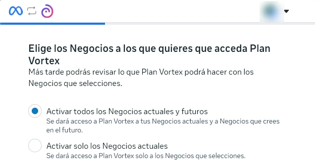 La pantalla de Meta para elegir los negocios, igual que la de las páginas: todos los actuales y futuros, marcada, o solo los actuales