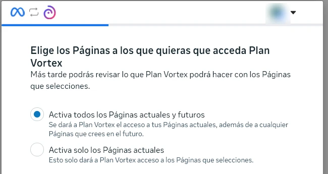 La pantalla de Meta para elegir las páginas, con la opción de todas las páginas actuales y futuras marcada y la de solo las actuales debajo