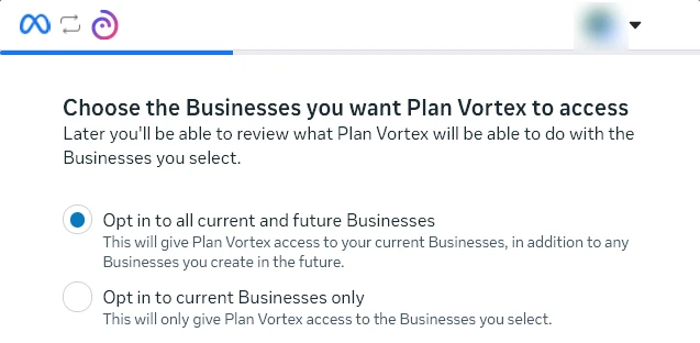 Meta's screen for choosing Businesses, just like the Pages one: all current and future, selected, or current only