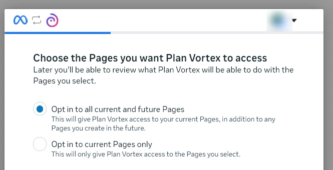 Meta's screen for choosing Pages, with the option for all current and future Pages selected and the current-Pages-only option below it