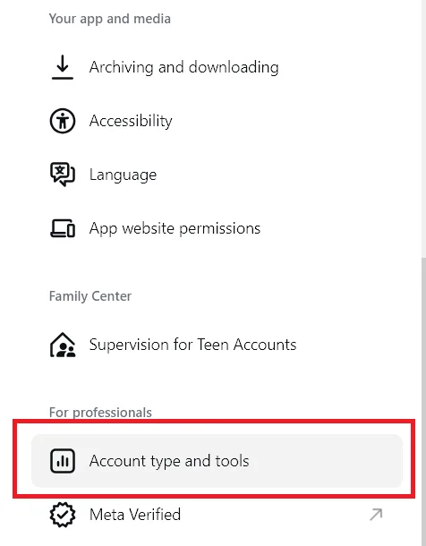 instagram.com Settings: under For professionals, the Account type and tools option, outlined in red